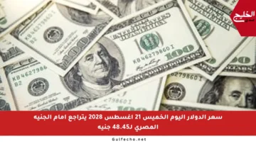 سعر الدولار اليوم الخميس 21 أغسطس 2028 يتراجع أمام الجنيه المصري لـ48.45 جنيه